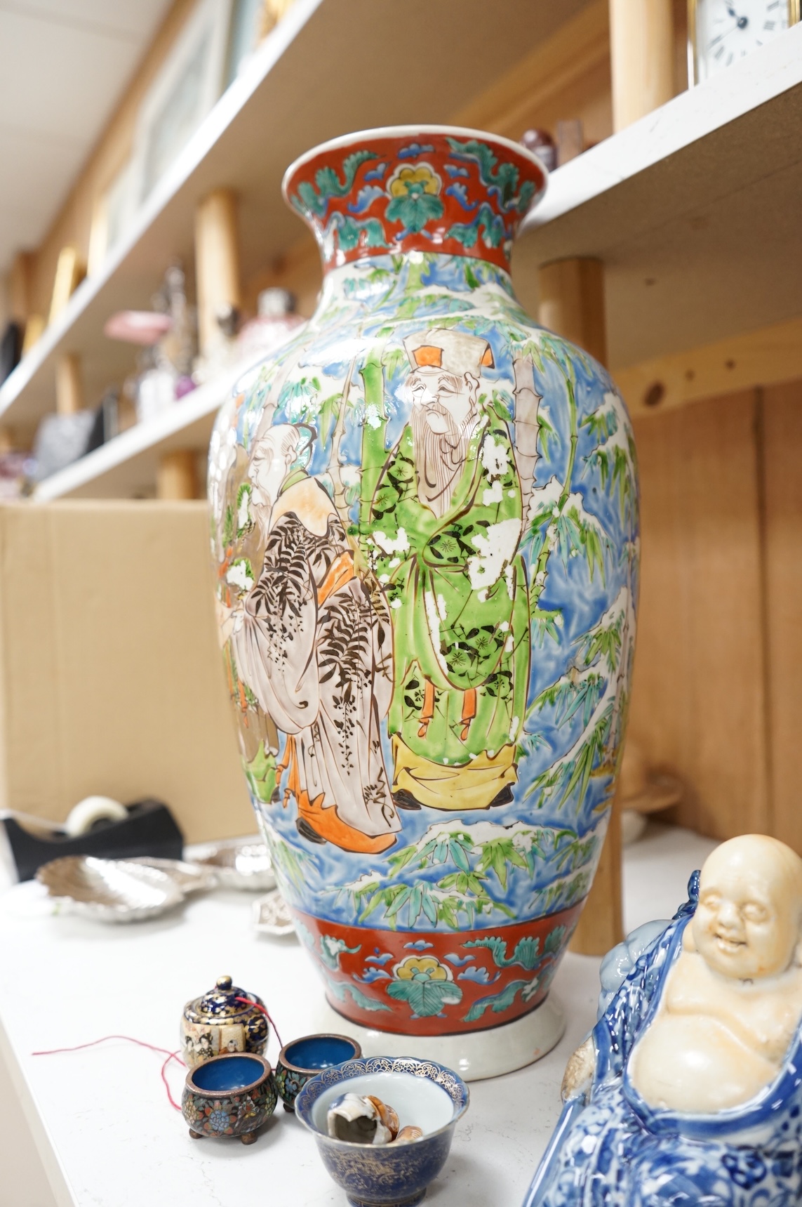 A collection of mostly Chinese and Japanese ceramics to include famille rose, satsuma, kutani etc. tallest 45cm